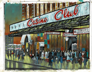 "One Night at Wigan Casino" - Original Oil Painting by Neil Thompson. Size - 34 cm wide by 27 cm tall.