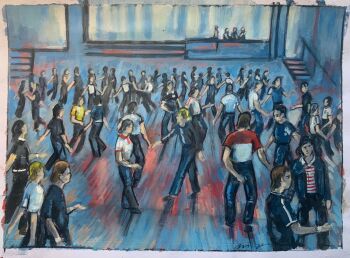 "Morecambe Pier All Nighter" - An original water colour painting of the packed dance floor at a Morecambe Pier All Nighter.