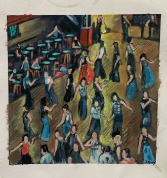 "On the Floor at the Casino - Preparatory Painting" - Original Acrylic Painting by Neil Thompson. Size - 13 cm wide by 13 cm tall.