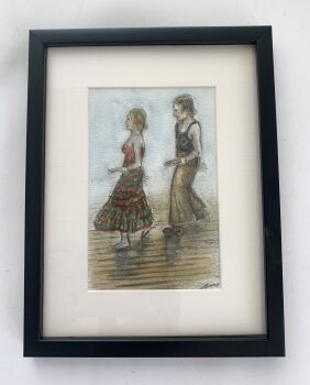 "Double Cookin" - Original water colour painting of a couple on a Northern Soul dance floor, mounted and framed.