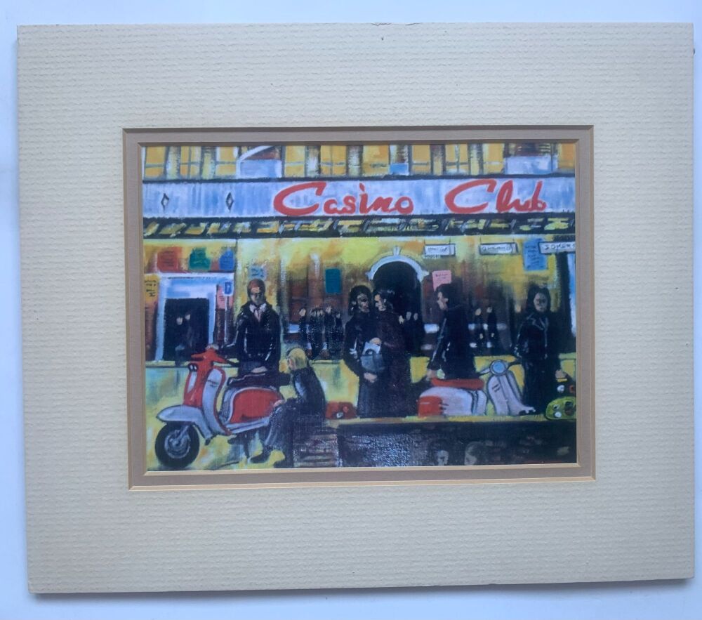 "Casino Club Scooters" - a limited edition print, two scooters and the crowd outside the Casino. Overall size 25 cm by 21 cm.