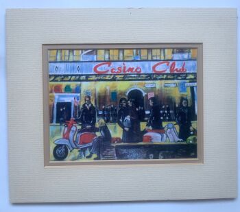"Casino Club Scooters" - a limited edition print, two scooters and the crowd outside the Casino. Overall size 25 cm by 21 cm.