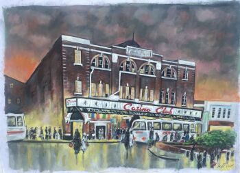 "Arriving at Wigan Casino" - Original Oil Painting by Neil Thompson. Size - 38 cm wide by 27 cm tall.
