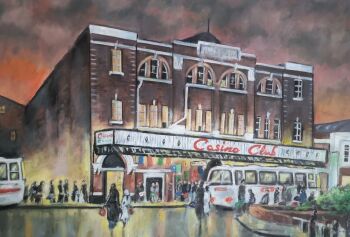 "Arriving at Wigan Casino" - Original Oil Painting by Neil Thompson. Size - 38 cm wide by 27 cm tall.