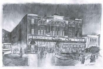 "Arriving at Wigan Casino, Preparatory Pencil Sketch" - Original Pencil Sketch by Neil Thompson. Size - 38 cm wide by 24 cm tall.
