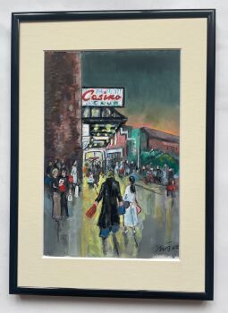 "Anticipation, Arriving at Wigan Casino" - Original oil painting, mounted and framed, overall size size - 31 cm tall by 22 cm wide.