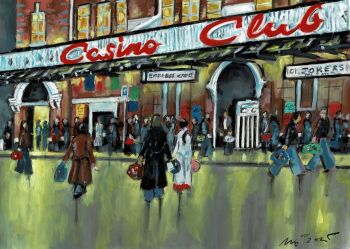 "Outside the Casino Club II" - Original Oil Painting by Neil Thompson. Size - 28 cm wide by 19 cm tall.