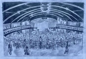 "Move On Up Preparatory Pencil Sketch" - An original pencil sketch on art paper looking down on to the dance floor at Wigan Casino.