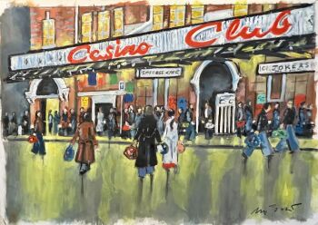 "Outside the Casino Club II" - Original Oil Painting by Neil Thompson. Size - 28 cm wide by 19 cm tall.
