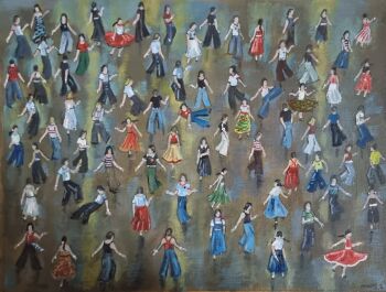 "Everybody Dance Now, Part IV" - An original oil painting on art board of a packed Northern Soul dance floor. Size : 42 cm by 21 cm.