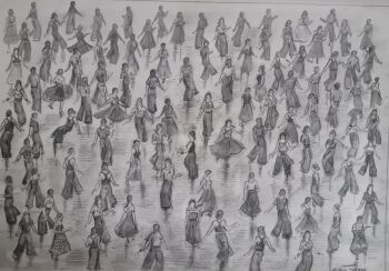 "Everybody Dance Now, Preparatory Work" - An original pencil sketch of a packed Northern Soul dance floor. Size : 42 cm by 21 cm.