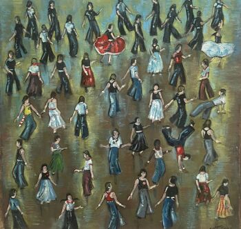 "Moving in the Groove" - An original oil painting on canvas of a packed Northern Soul dance floor. Size : 12 inches by 12 inches.