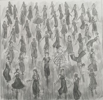 "Moving in the Groove, Prep" - An original pencil sketch of a packed Northern Soul dance floor. Size : 31cm by 31cm.