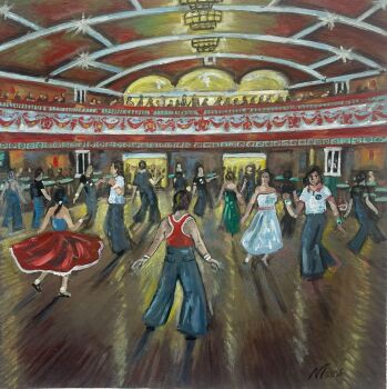 "Dancers at Wigan Casino" - An original oil painting of dancers out on the floor at the Casino. 12 x 12 inches.