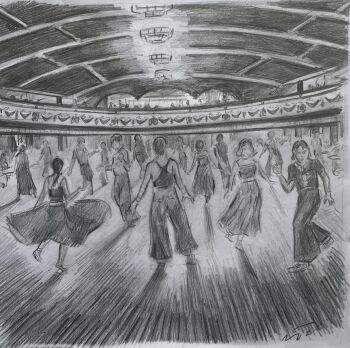 "Dancers at Wigan Casino, Pencil Sketch" - An original pencil sketch of dancers out on the floor at the Casino. 11 x 11 inches.
