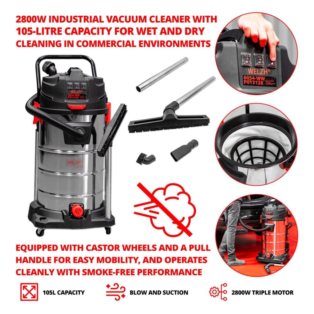 WELZH Industrial Vaccum Cleaner; 2800W 105-Litres