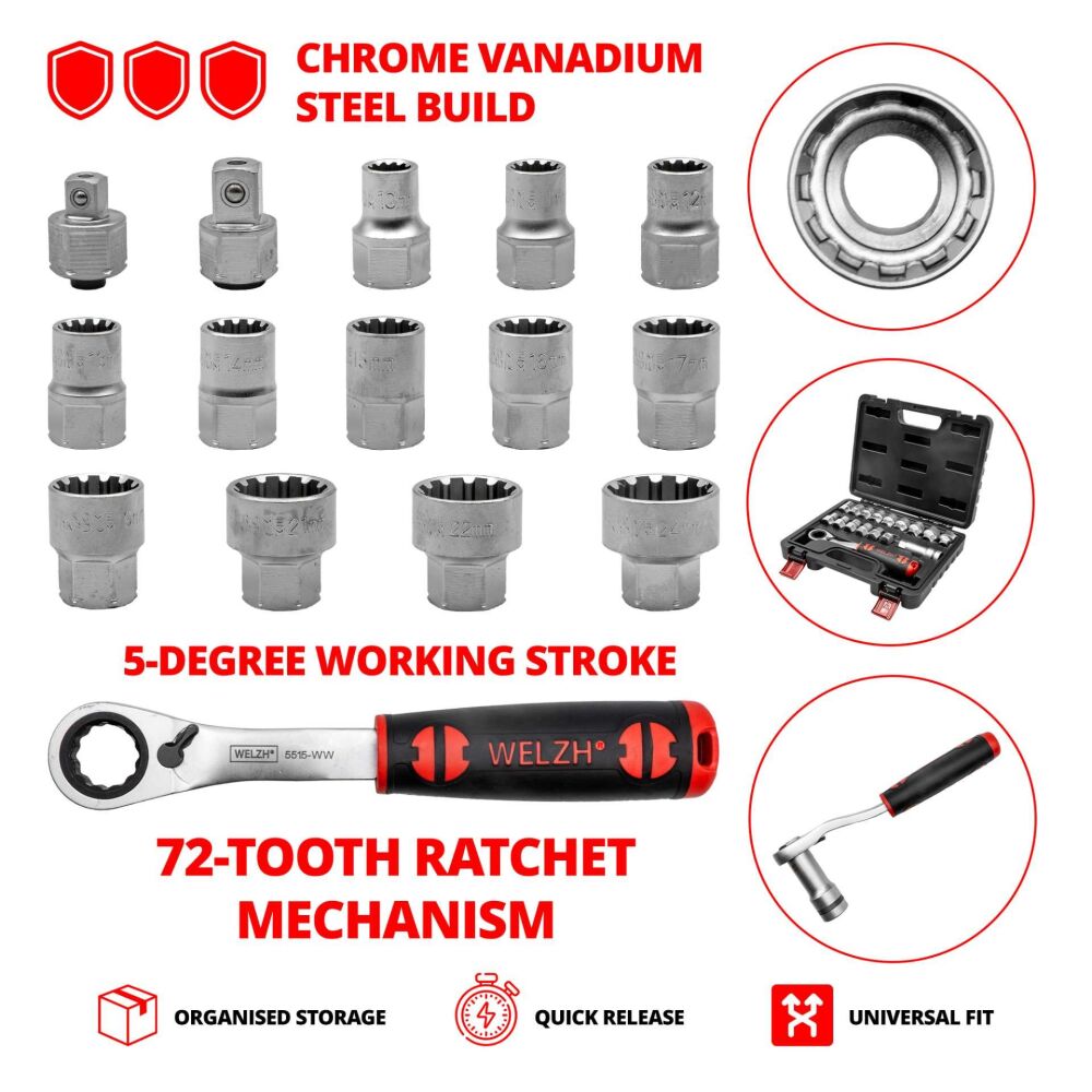 WELZH Socket Set; 17-Piece Go-Through, 3/8'', 1/2'' 5515-WW