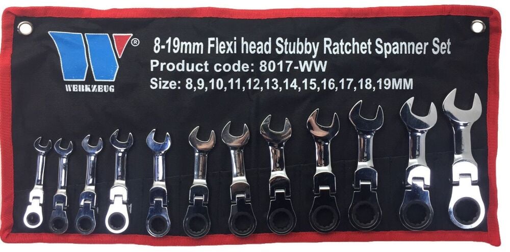 WELZH Ratchet Spanner Set; Flexi-Head, Stubby, 8-19mm 8017-WW