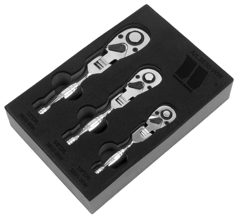 WELZH Ratchet Set; 3-Piece Stubby Flexi Head; 1/4'', 3/8'' & 1/2''dr 3830-WW