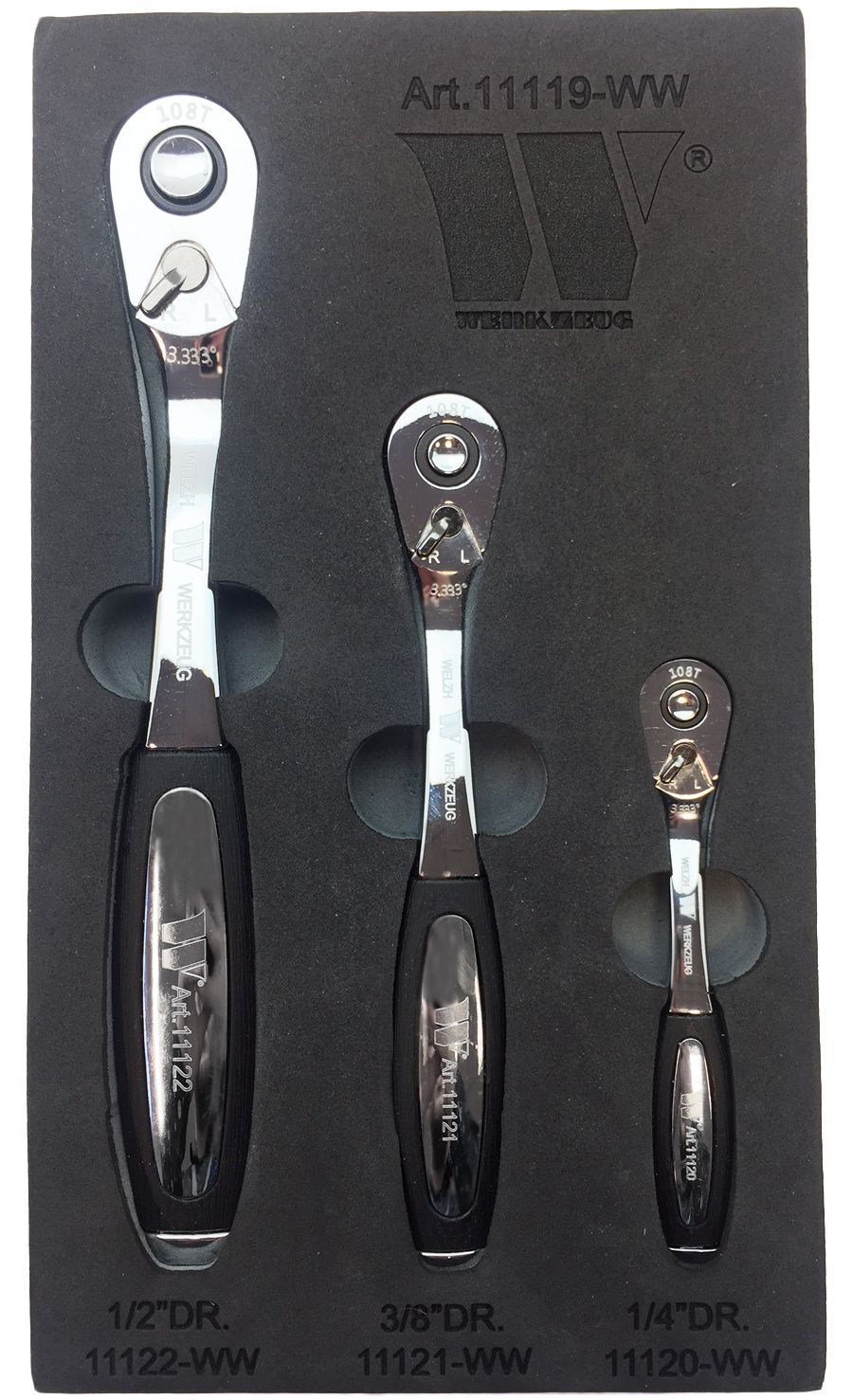 WELZH Ratchet Set; 108-Tooth Soft Grip Handle Ratchet 3-Piece Set 11119-WW