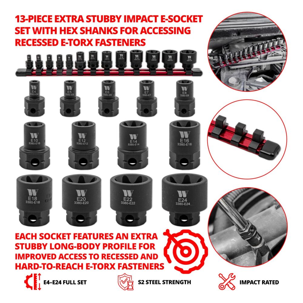 WELZH Impact E-Sockets, 13-Piece Extra Stubby Hex Shanked E4-E24 3380-WW
