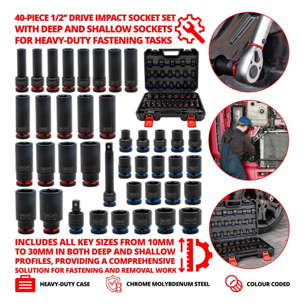 WELZH Socket Set; Impact, Deep + Shallow 1/2''d 40-Piece 10-30mm 5561-WW