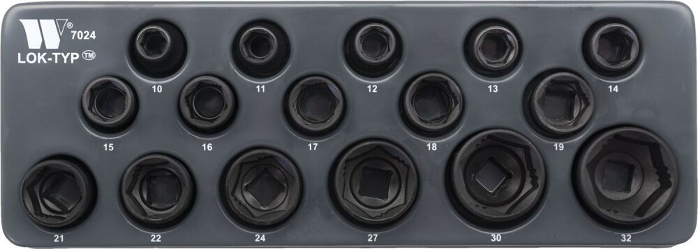 WELZH Socket Set: Shallow, Impact, 1/2''dr', Lok-Typ, 10-32mm 7024-WW