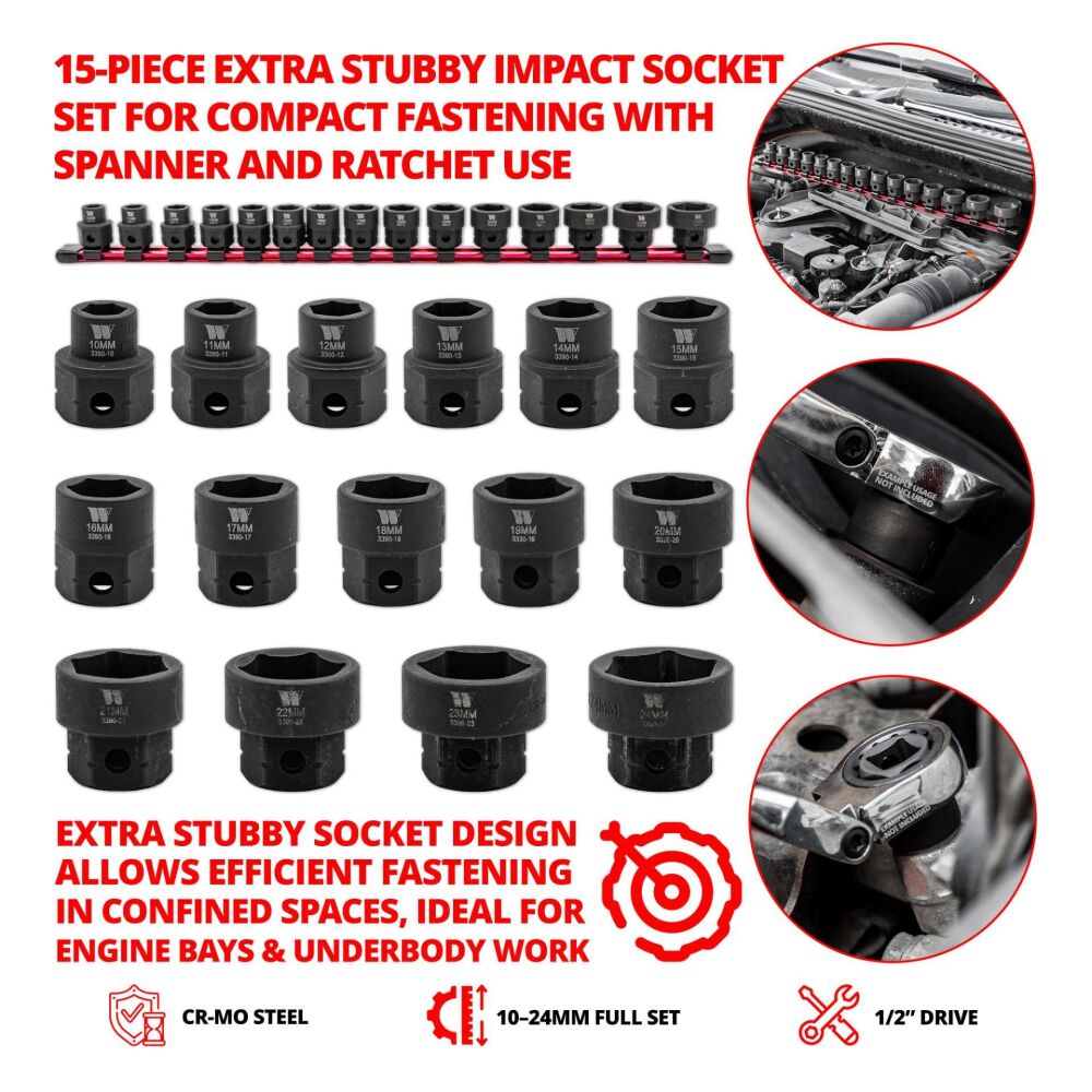 WELZH Impact Sockets; 15-Piece Extra Stubby Hex Shanked 1/2''dr 10-24mm 3390-WW