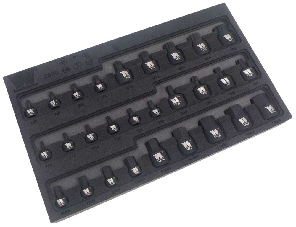 WELZH Bit Socket Set Extra Stubby;3/8''dr, Impact 28-Piece Torx-T10-T50, Hexagon H6-H19, Spline- M4-18 2890-WW
