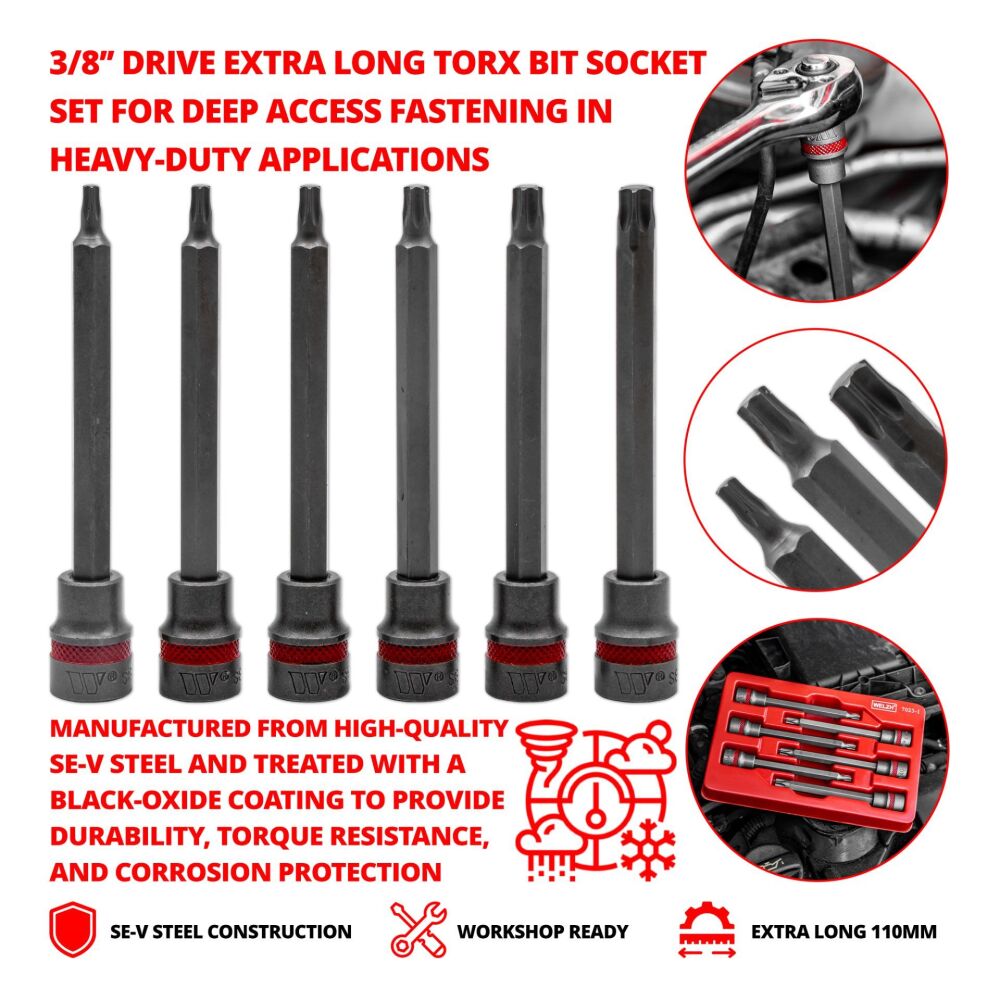 WELZH Bit Socket Set; 3/8''dr Extra Long Torx Set 110mm T20-T45 7023-1-WW