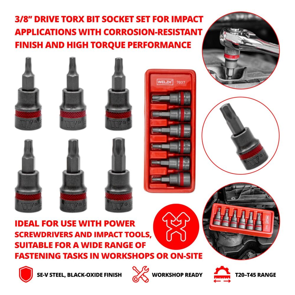 WELZH Bit Socket Set; 3/8''dr Torx Set 48mm T20-T45 7037-WW