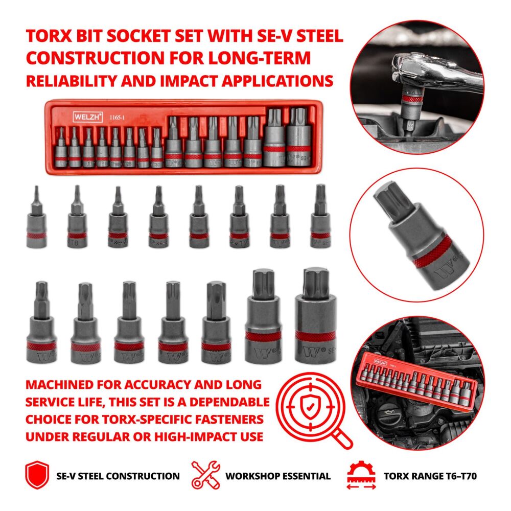 WELZH Bit Socket Set, Torx Bits?, SE-V Steel, T6-T70 1165-1-WW