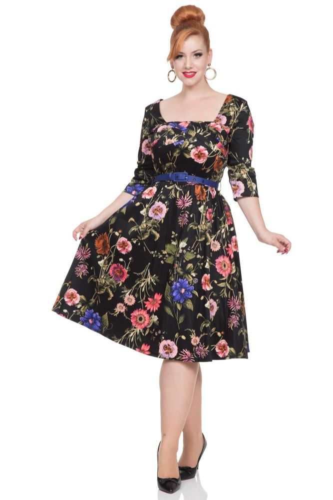 Voodoo Vixen Vintage Style Allie 1950's Dress in dark florals - Size S Only (UK High Street Approx. Size 8)