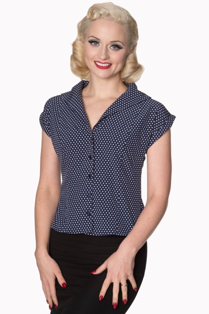 Dancing Days by Banned 1940's 1950's Lovely Day Blouse in Navy & White Polka Dot - SIZE XS ONLY