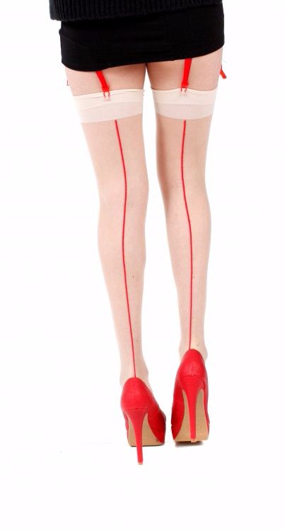 Pamela Mann Jive Seamed Stockings - Nude & Red 