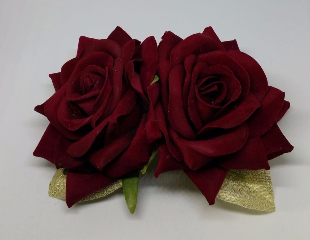 Double Rose Hair Clip, Hand Made, 1940's Style in Deep Red Velvet with Gold Leaves