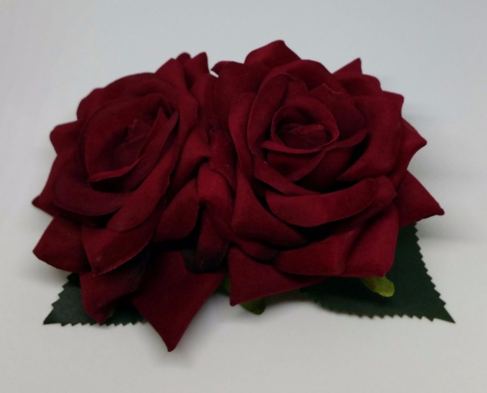 Double Rose Hair Clip, Hand Made, 1940's Style in Deep Red Velvet with Green Leaves