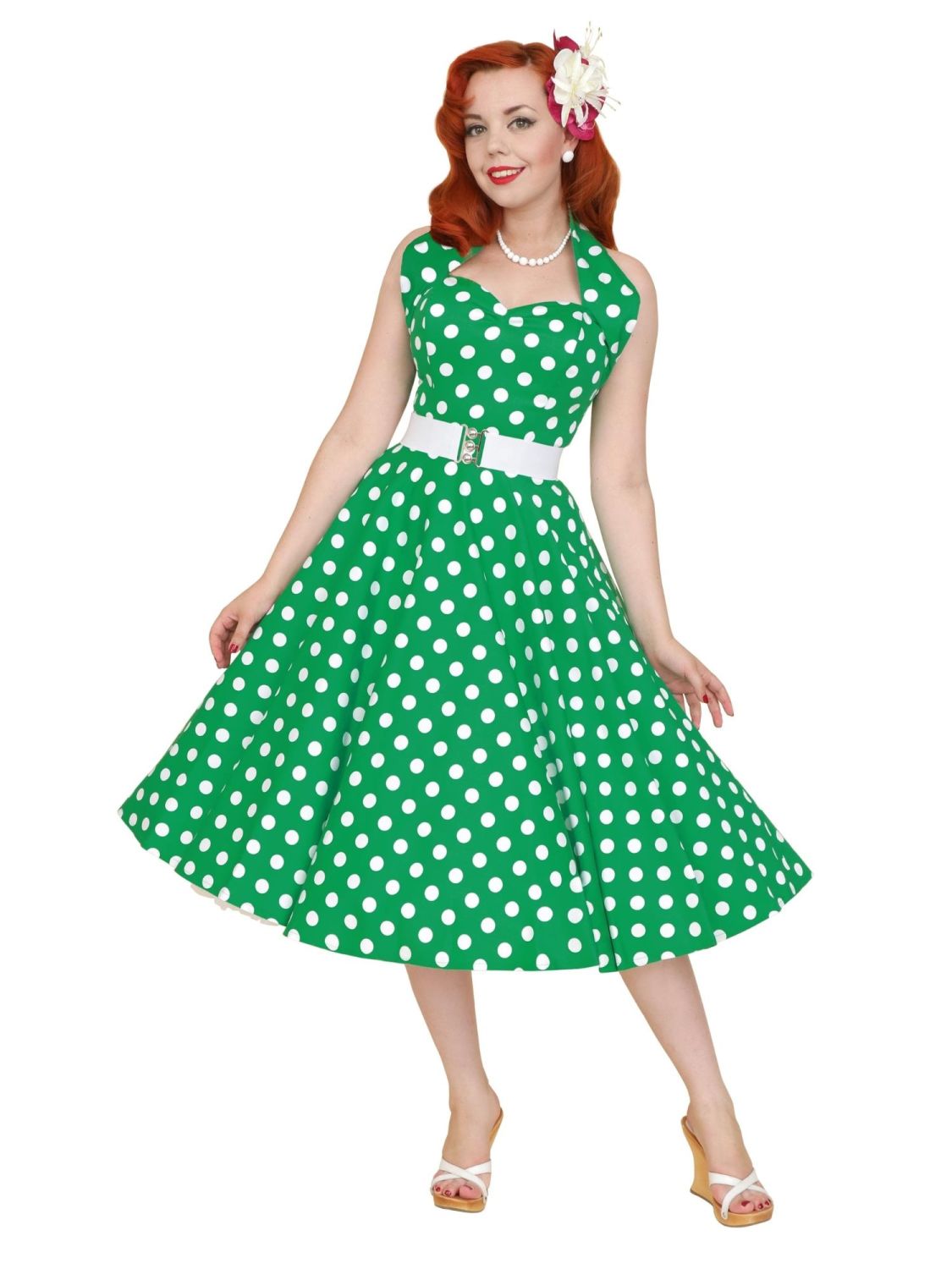 Vivien of Holloway 1950's Halterneck Circle Dress in Green Polka Dot ...