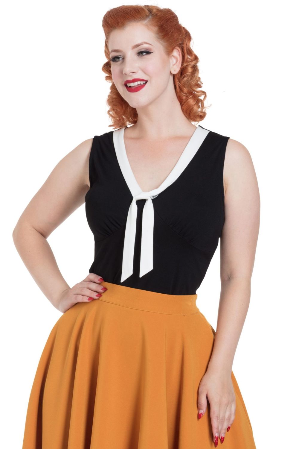Voodoo Vixen Vintage Style Nellie Top with Contrast Tie - Black with White