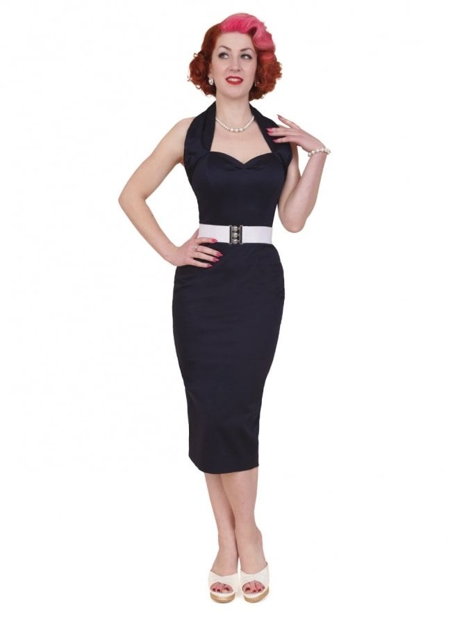 Vivien of Holloway - 1950s Halterneck Pencil Navy Sateen - Size 12 Only (UK high street size approx. 8 to 10)