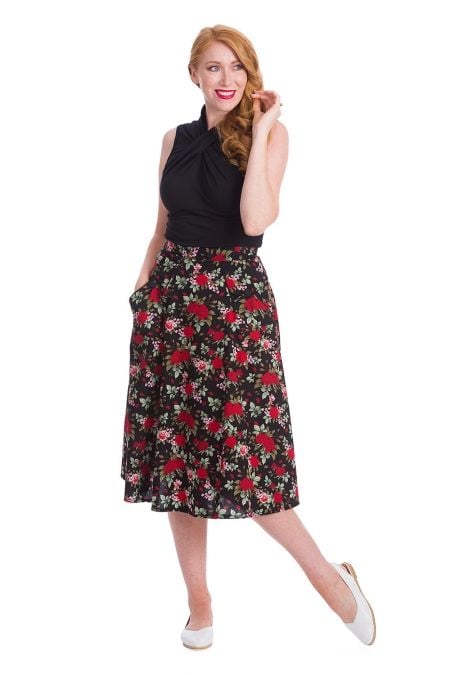 Banned Retro 1950s Rose Garden Floral A-Line Vintage Skirt Black