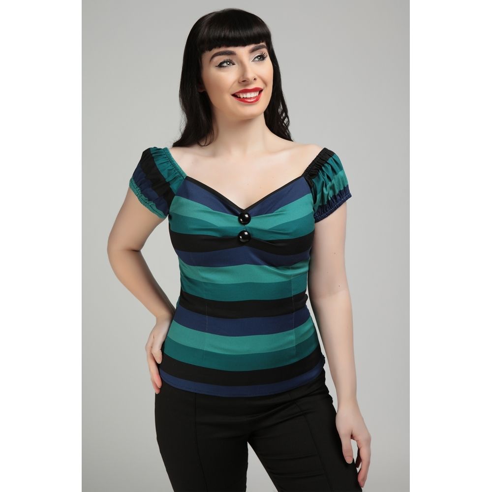 Collectif  Mainline Dolores Twilight Stripe Top in shades of green - Sizes XL & 3XL Only