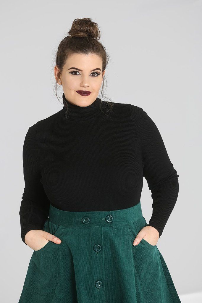 Vintage Retro Ribbed Style Polo Neck Top - Black 