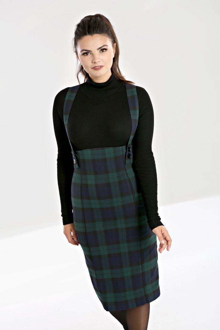 Hell Bunny Evelyn Pinafore Pencil Skirt in Navy and Forest Green Tartan - Size 18 (LAST ONE)