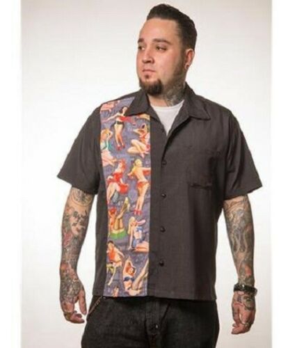 Steady Clothing Mens Vintage Bowling Shirt - Pin-Up Print Panel 