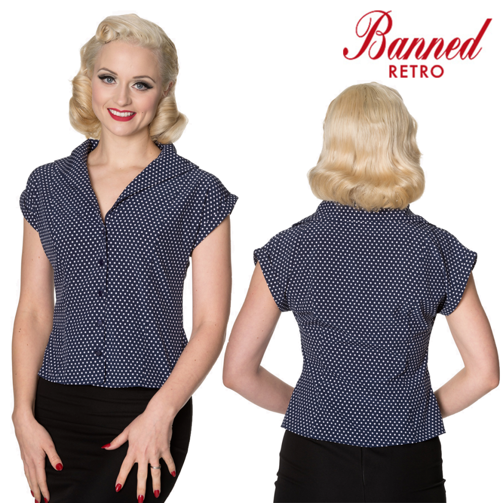 Dancing Days by Banned 1940's 1950's Lovely Day Blouse in Navy & White Polka Dot - Size XS Only