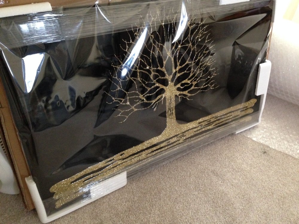 Glitter Tree in Gold on a Black Bevelled Mirror 4 sizes