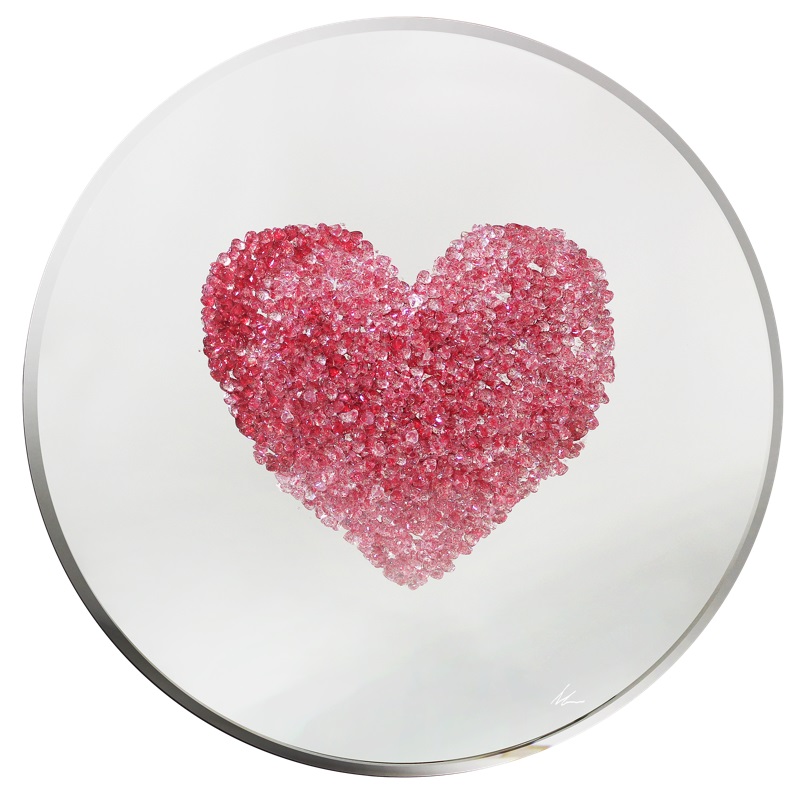 Glitter Love heart Clusters in Red on Silver Bevelled Round Mirror