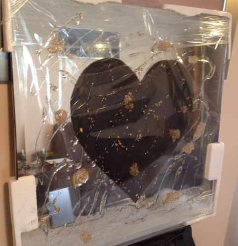 Glitter Love heart in Red on Black Bevelled Mirror