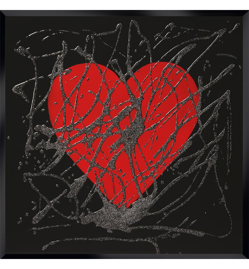 Glitter Love heart in Red on Black Bevelled Mirror